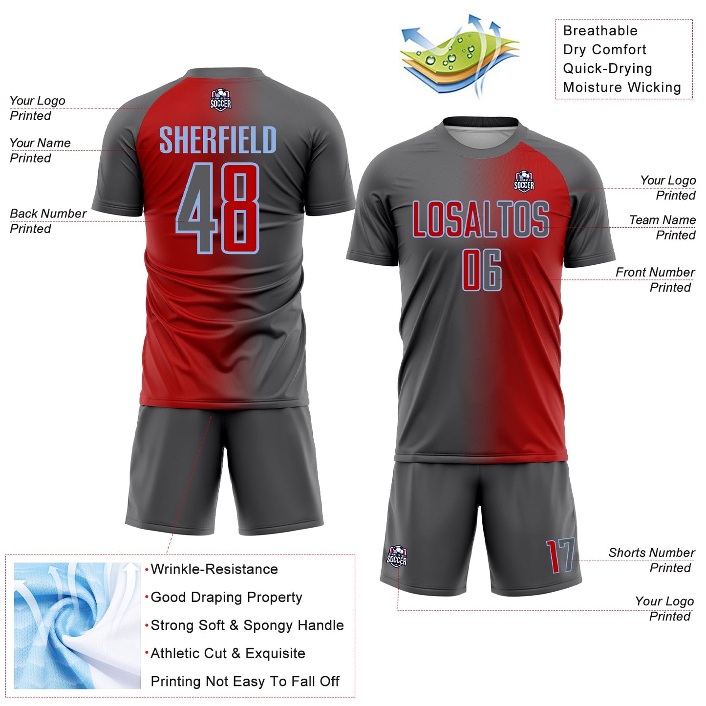Custom Red Steel Gray-Light Blue Sublimation Gradient Fashion Soccer Uniform Jersey Limited