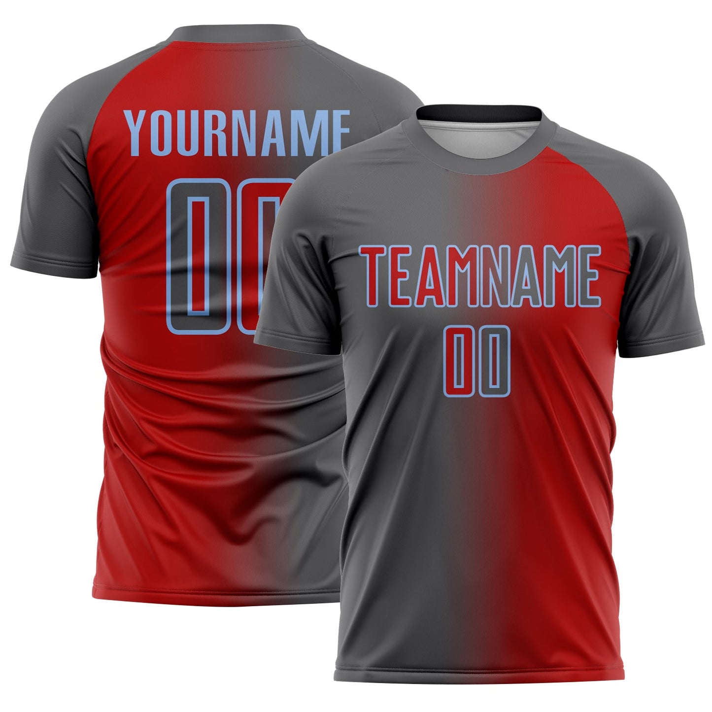 Custom Red Steel Gray-Light Blue Sublimation Gradient Fashion Soccer Uniform Jersey