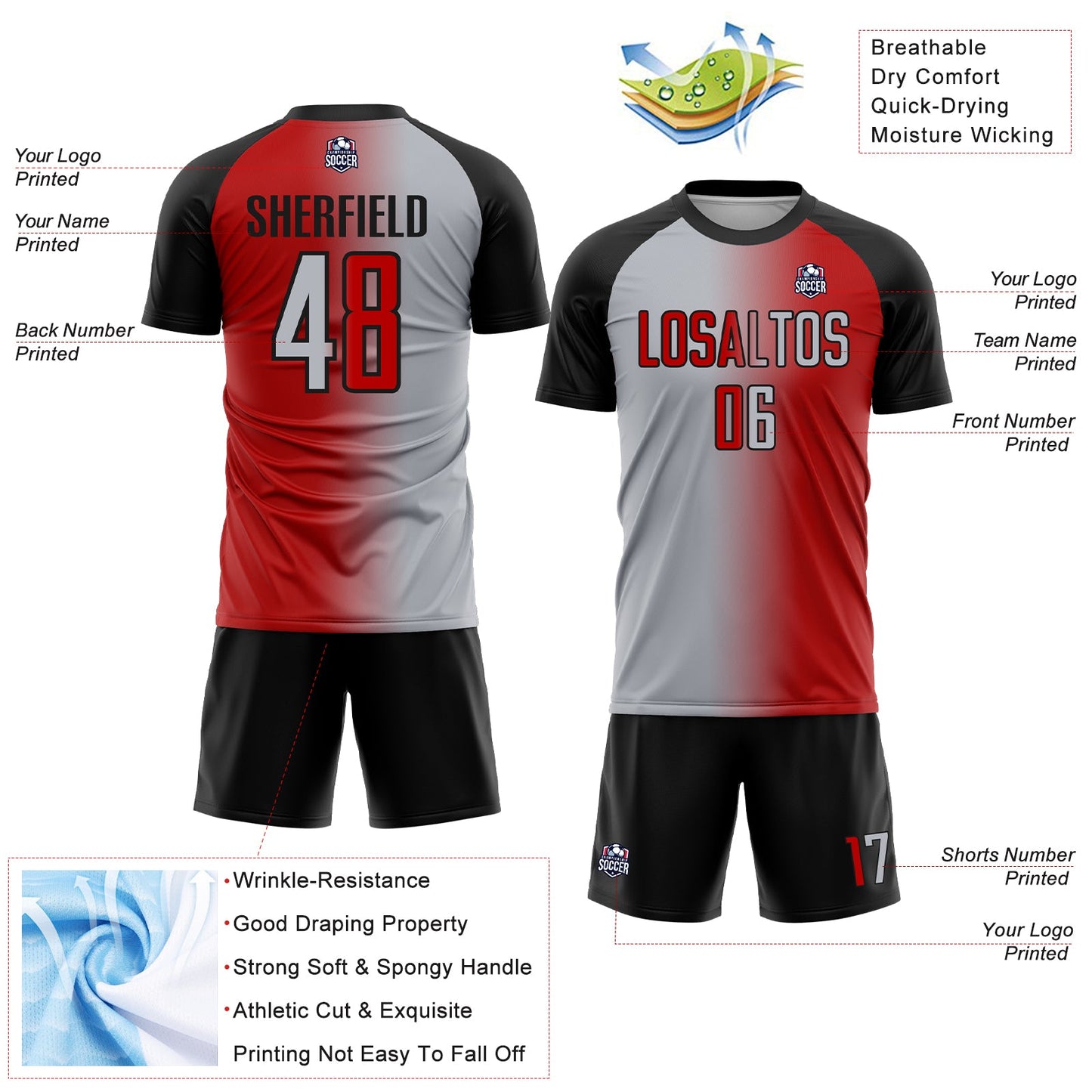 Custom Red Gray-Black Sublimation Gradient Fashion Soccer Uniform Jersey Limited