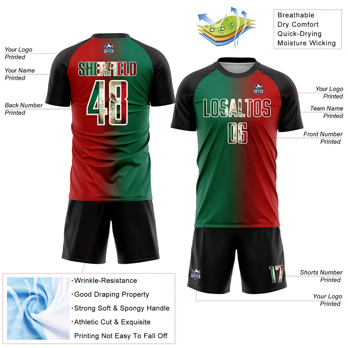 Custom Red Vintage Mexican Flag Kelly Green Black-Cream Sublimation Gradient Fashion Soccer Uniform Jersey Limited