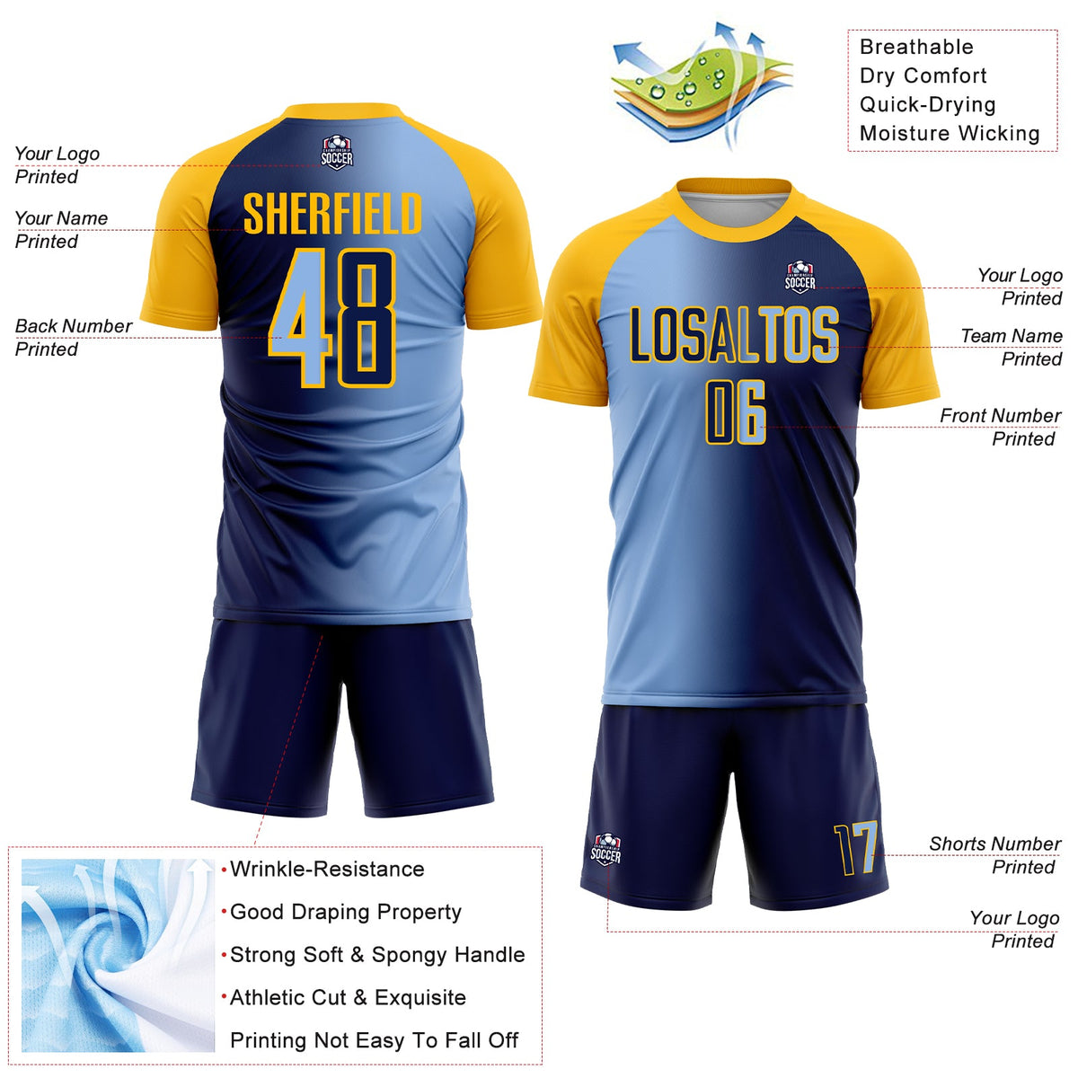 Custom Navy Light Blue-Gold Sublimation Gradient Fashion Soccer Uniform Jersey Limited