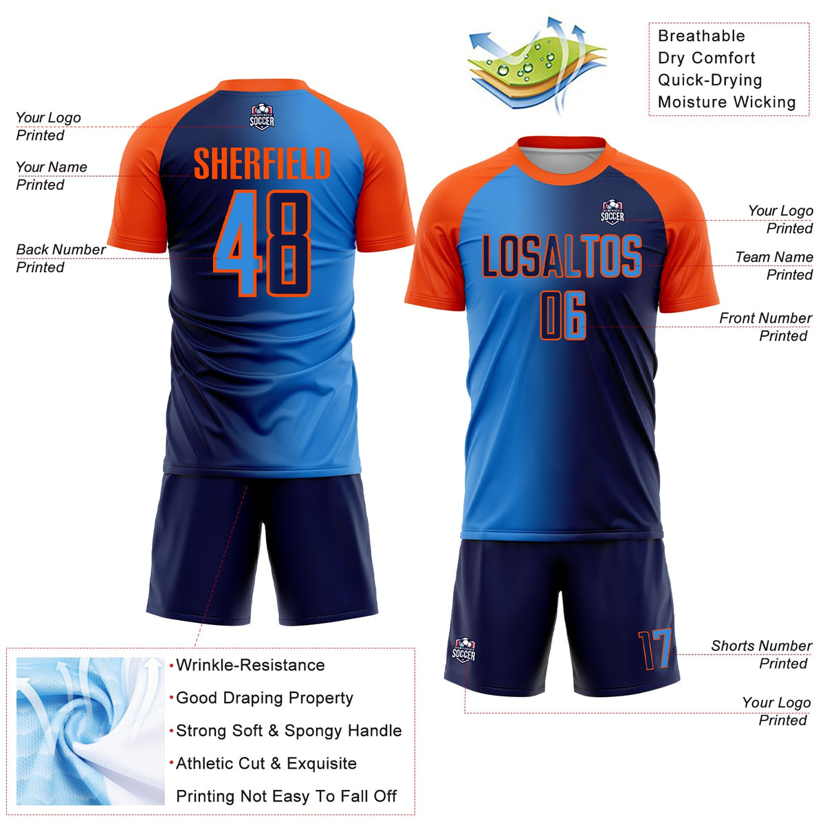 Custom Navy Powder Blue-Orange Sublimation Gradient Fashion Soccer Uniform Jersey Limited