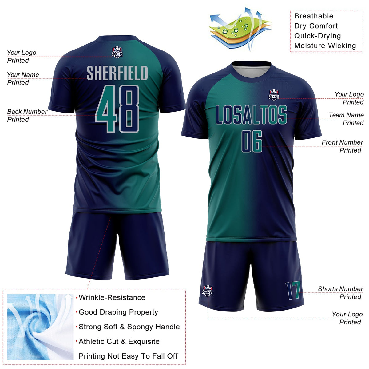 Custom Navy Teal-Gray Sublimation Gradient Fashion Soccer Uniform Jersey Limited