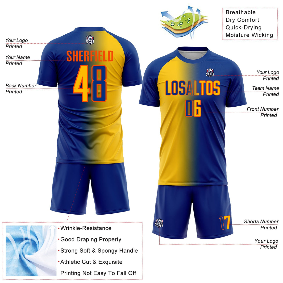 Custom Royal Yellow-Orange Sublimation Gradient Fashion Soccer Uniform Jersey Limited