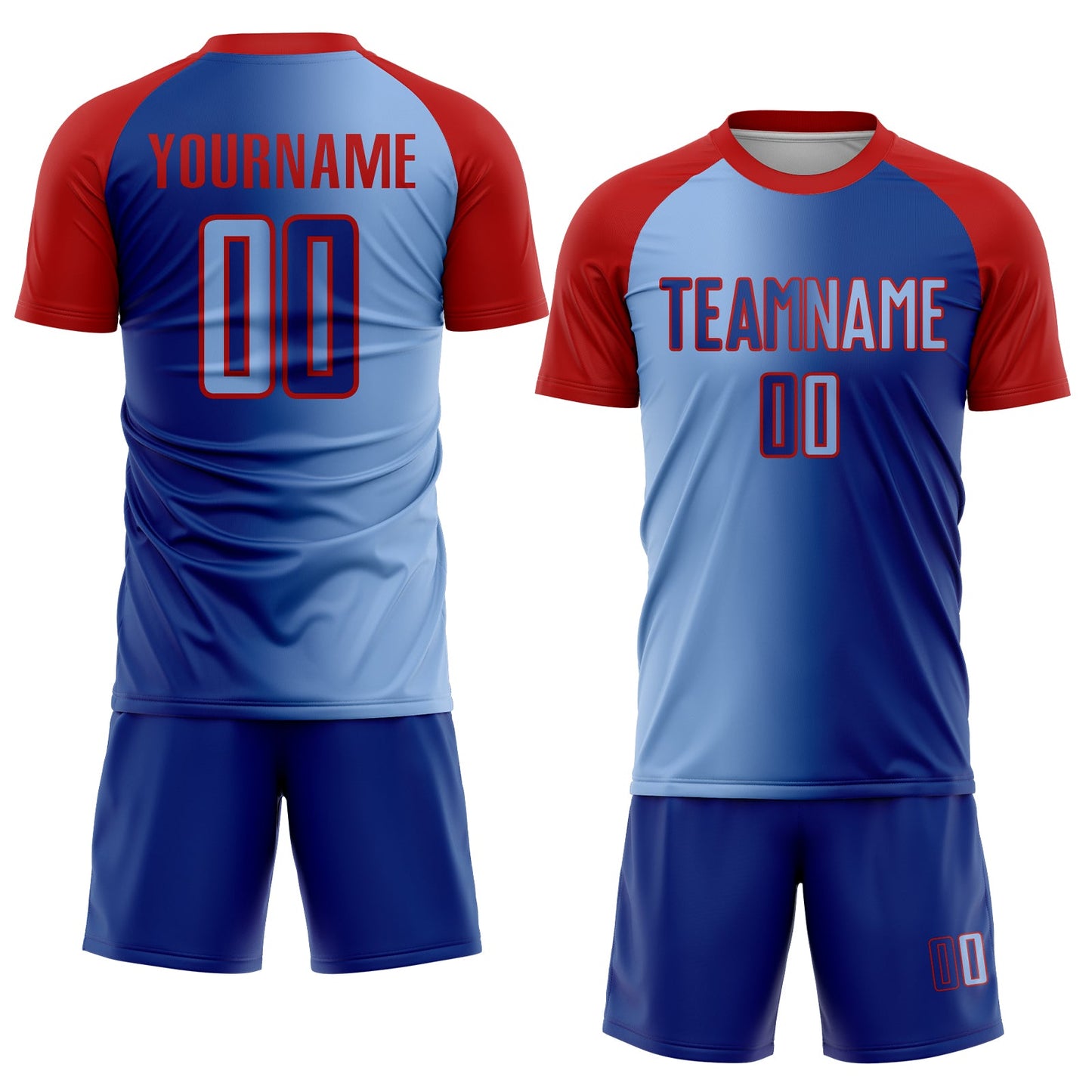 Custom Royal Light Blue-Red Sublimation Gradient Fashion Soccer Uniform Jersey Limited