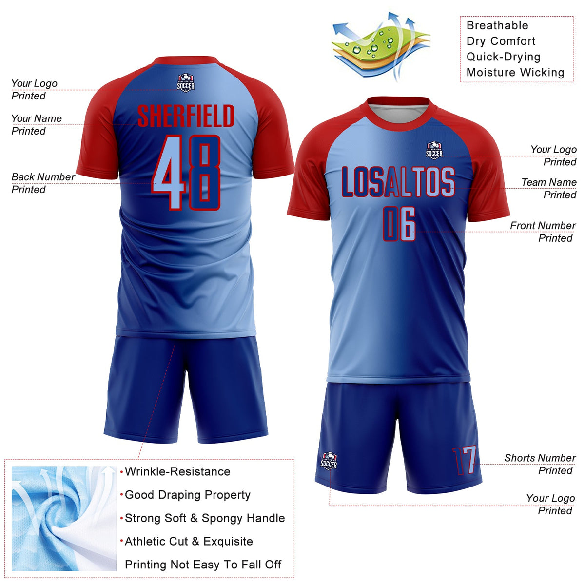 Custom Royal Light Blue-Red Sublimation Gradient Fashion Soccer Uniform Jersey Limited