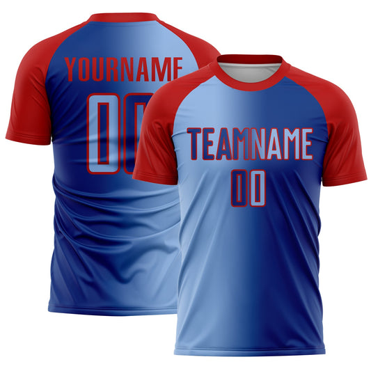 Custom Royal Light Blue-Red Sublimation Gradient Fashion Soccer Uniform Jersey