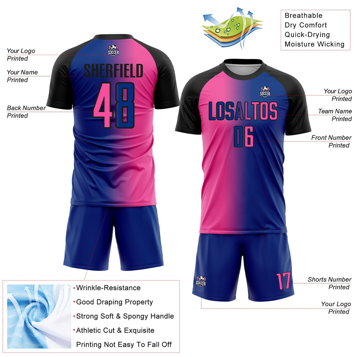 Custom Royal Pink-Black Sublimation Gradient Fashion Soccer Uniform Jersey Limited