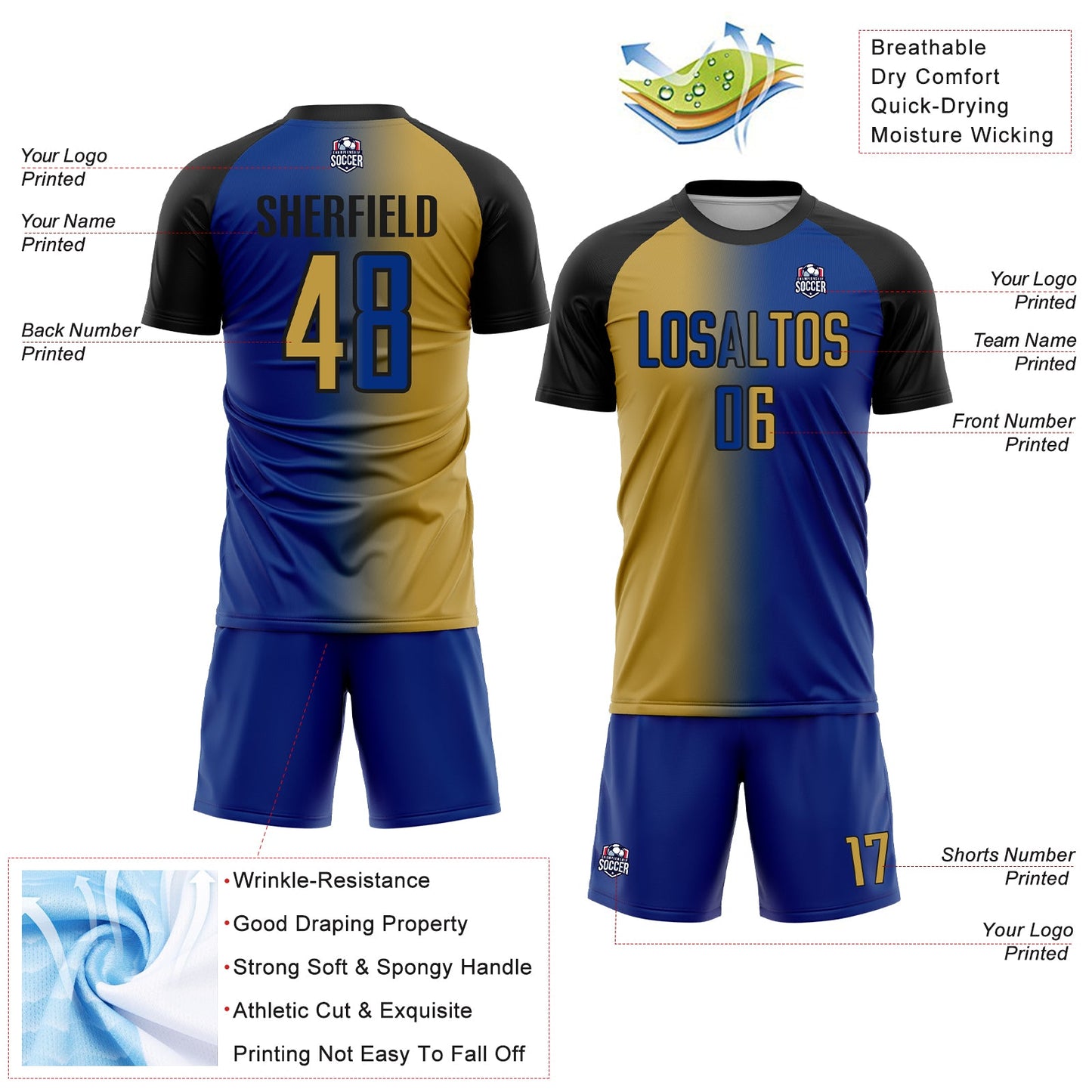 Custom Royal Old Gold-Black Sublimation Gradient Fashion Soccer Uniform Jersey Limited