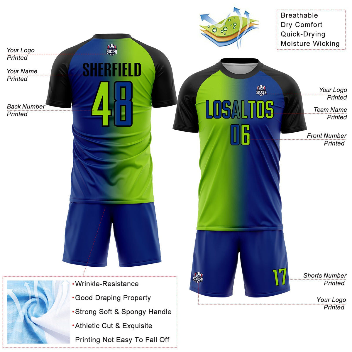 Custom Royal Neon Green-Black Sublimation Gradient Fashion Soccer Uniform Jersey Limited