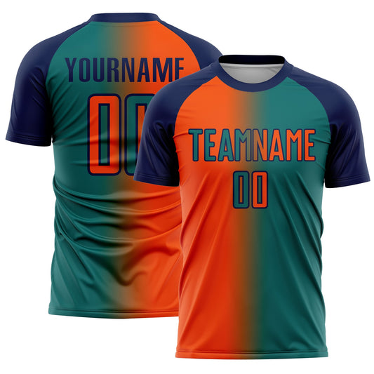 Custom Teal Orange-Navy Sublimation Gradient Fashion Soccer Uniform Jersey