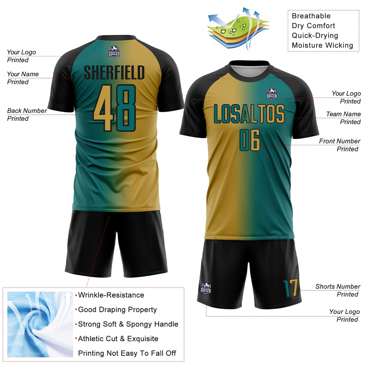 Custom Teal Old Gold-Black Sublimation Gradient Fashion Soccer Uniform Jersey Limited