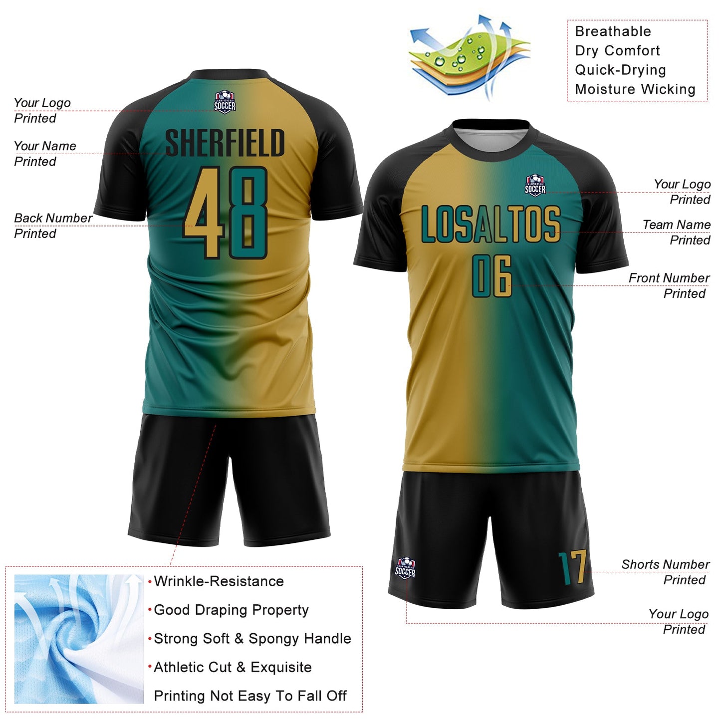 Custom Teal Old Gold-Black Sublimation Gradient Fashion Soccer Uniform Jersey Limited