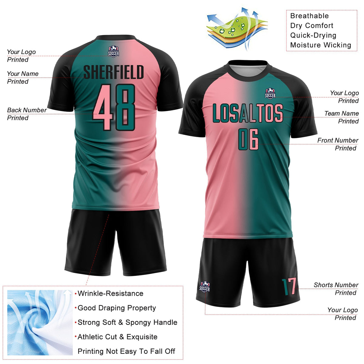 Custom Teal Medium Pink-Black Sublimation Gradient Fashion Soccer Uniform Jersey Limited