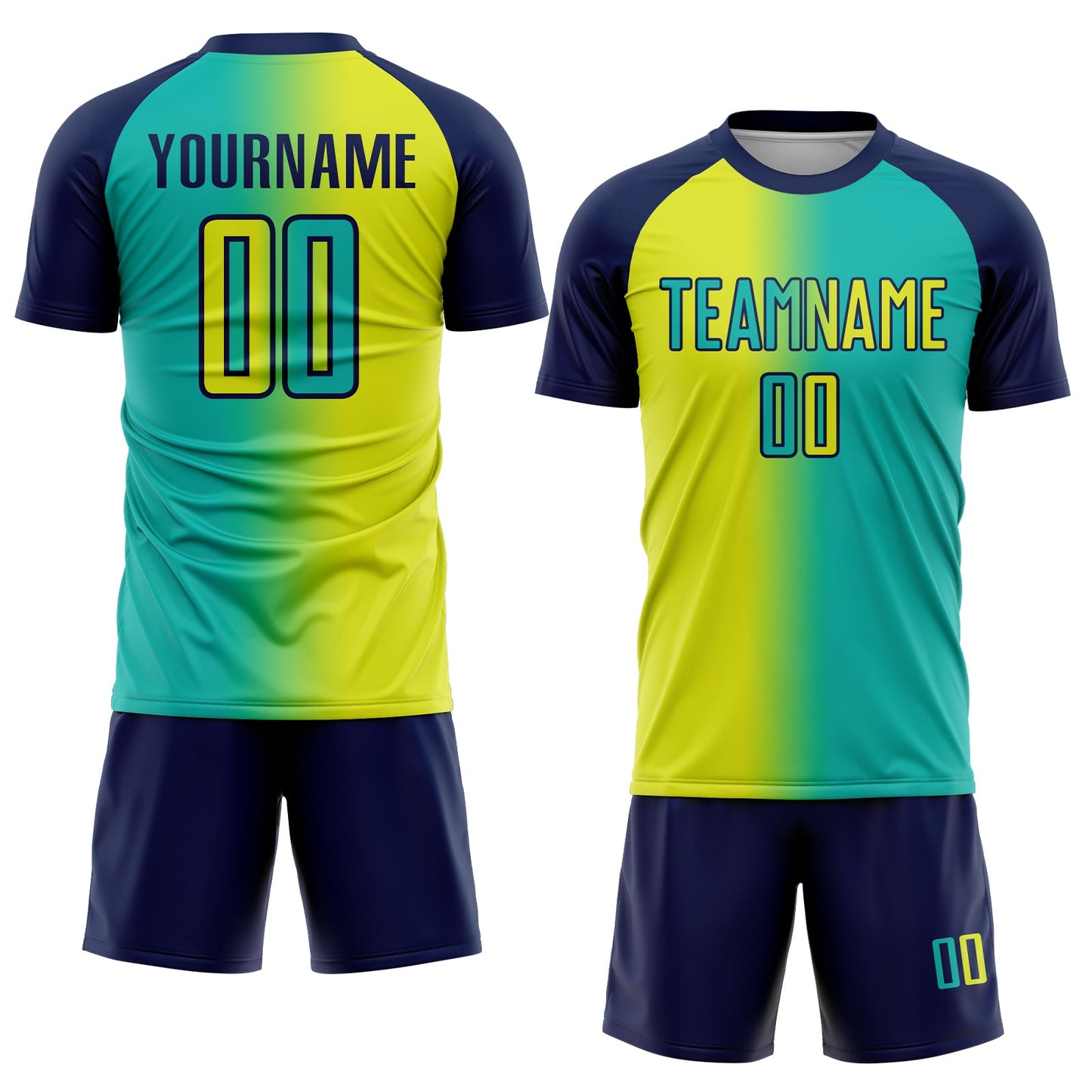 Custom Aqua Neon Yellow-Navy Sublimation Gradient Fashion Soccer Uniform Jersey Limited