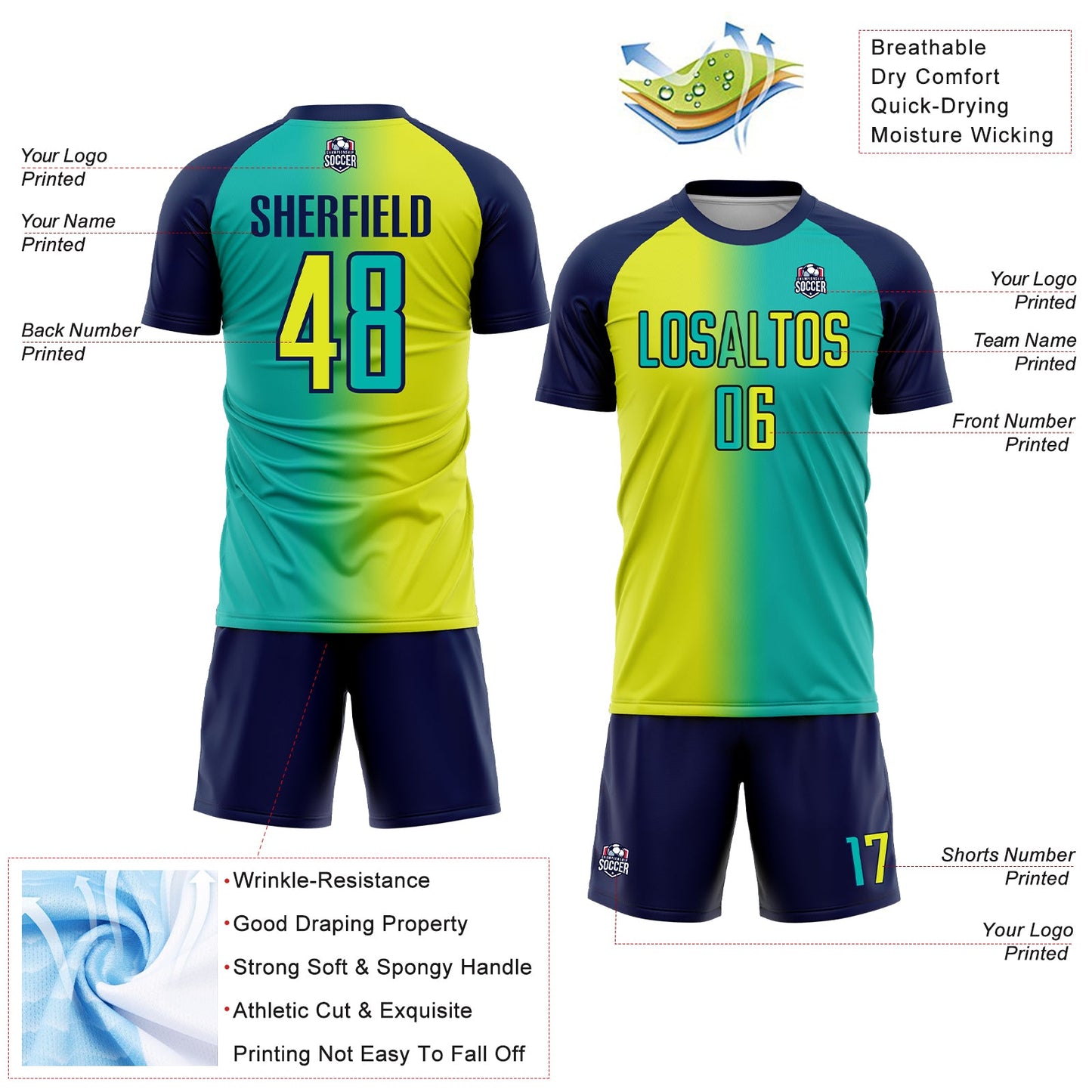 Custom Aqua Neon Yellow-Navy Sublimation Gradient Fashion Soccer Uniform Jersey Limited