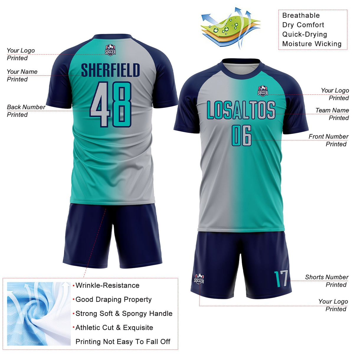 Custom Aqua Gray-Navy Sublimation Gradient Fashion Soccer Uniform Jersey Limited