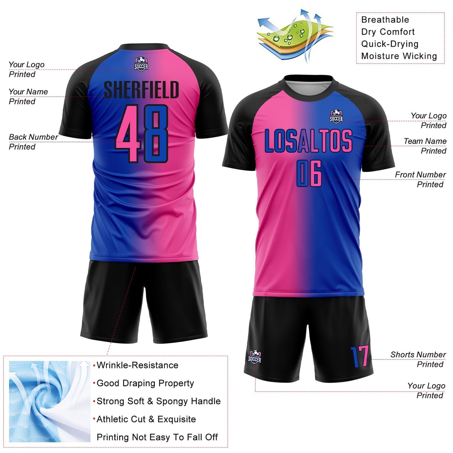 Custom Thunder Blue Pink-Black Sublimation Gradient Fashion Soccer Uniform Jersey Limited