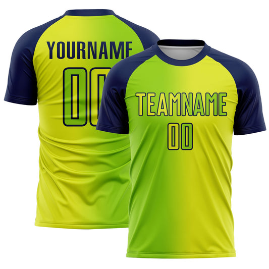 Custom Neon Yellow Neon Green-Navy Sublimation Gradient Fashion Soccer Uniform Jersey