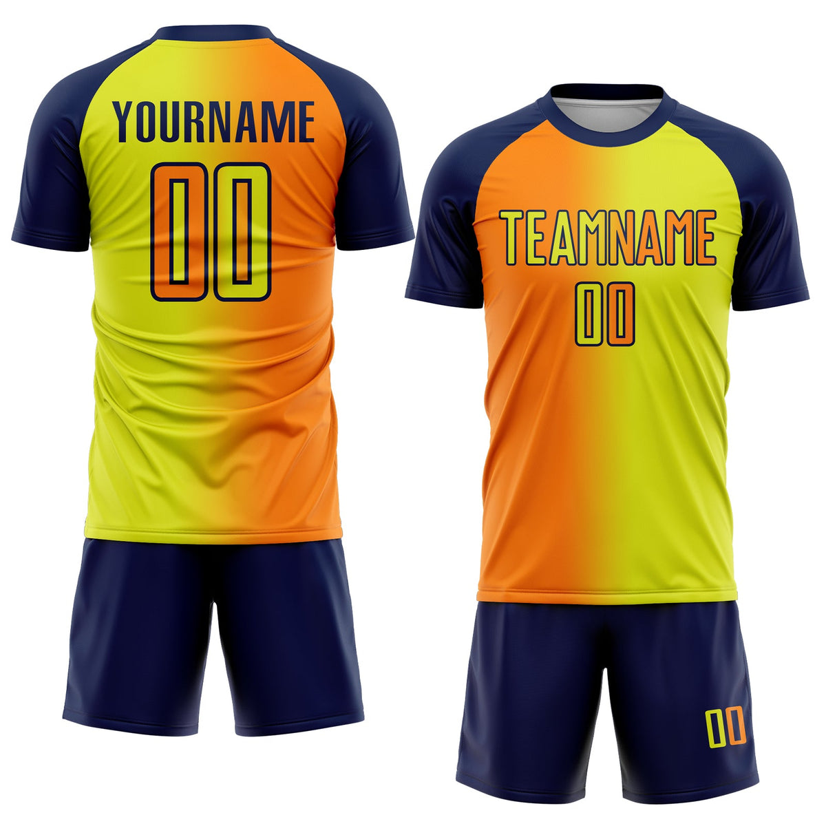 Custom Neon Yellow Bay Orange-Navy Sublimation Gradient Fashion Soccer Uniform Jersey Limited