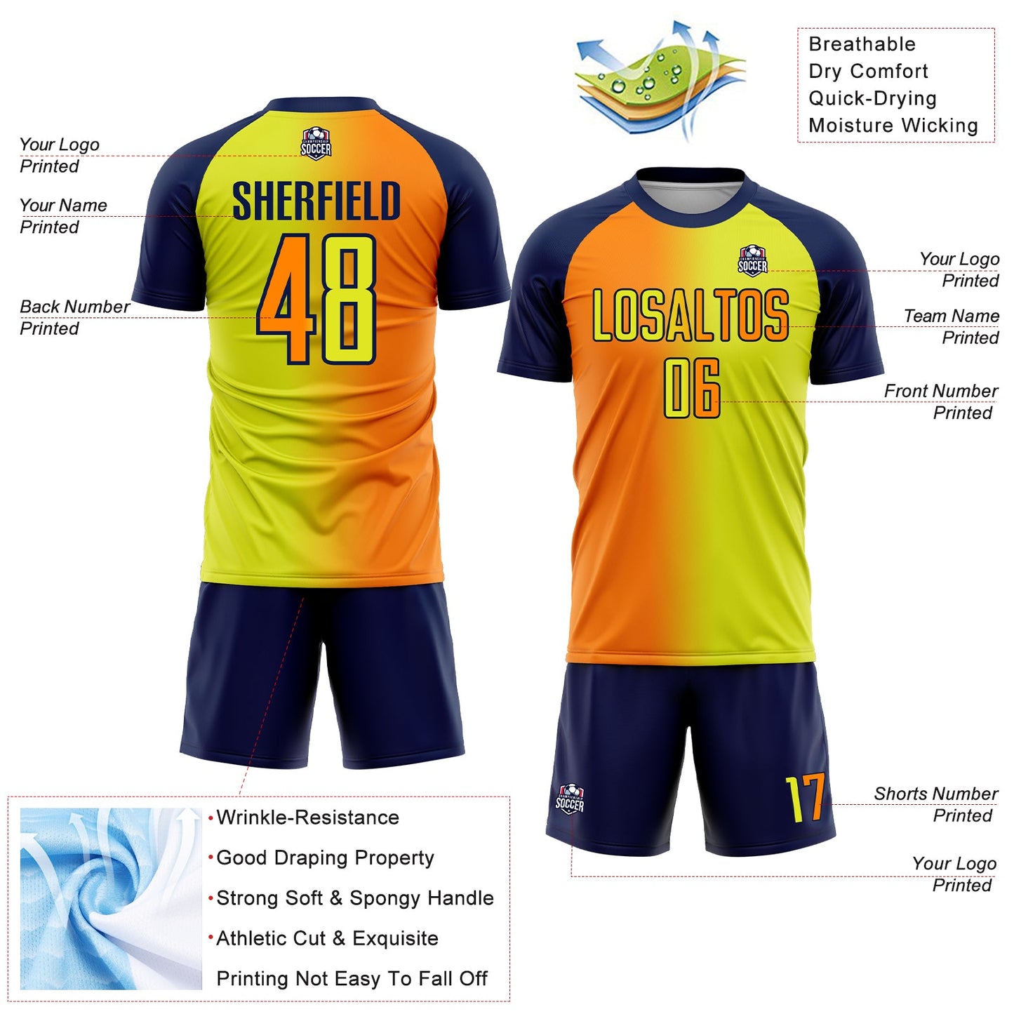 Custom Neon Yellow Bay Orange-Navy Sublimation Gradient Fashion Soccer Uniform Jersey Limited