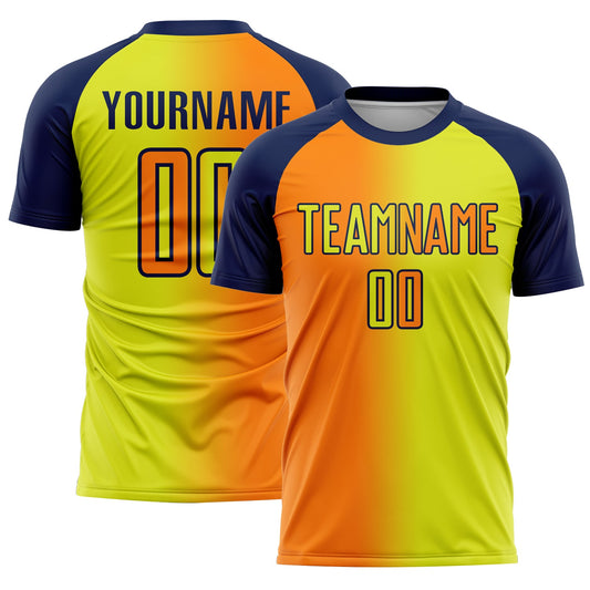 Custom Neon Yellow Bay Orange-Navy Sublimation Gradient Fashion Soccer Uniform Jersey