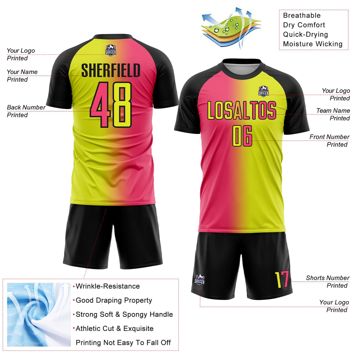 Custom Neon Yellow Neon Pink-Black Sublimation Gradient Fashion Soccer Uniform Jersey Limited