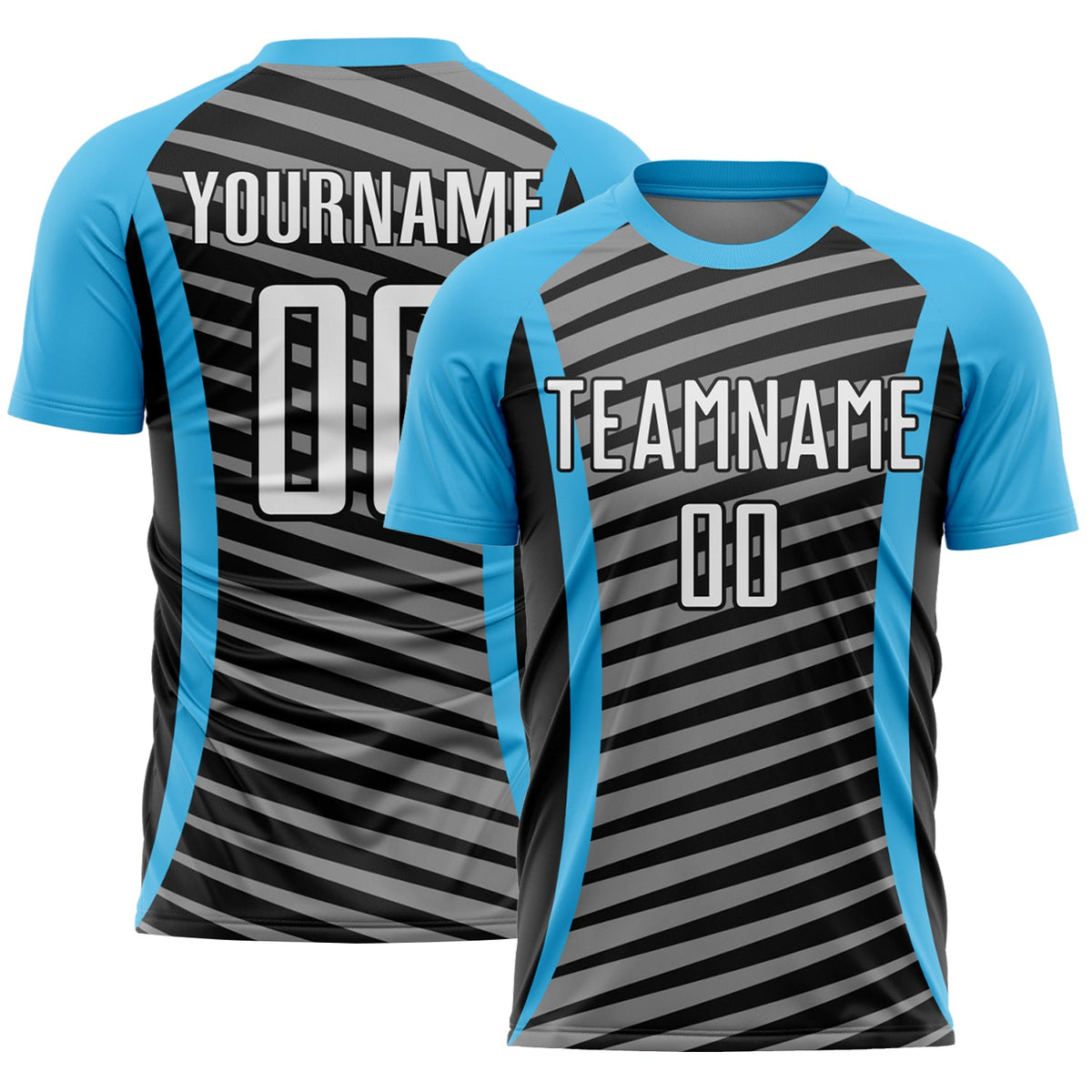 Custom Sky Blue White-Black Stripe Line Sublimation Soccer Uniform Jersey