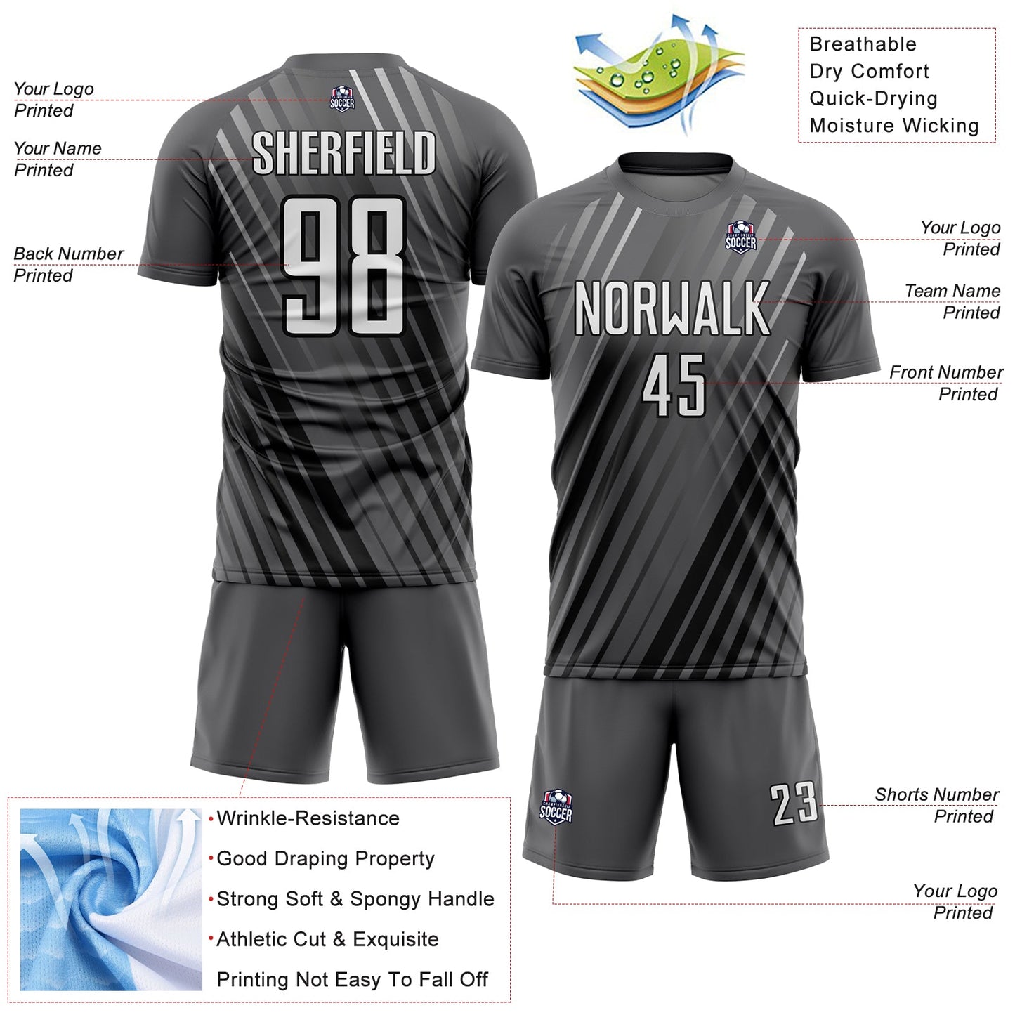Custom Steel Gray White-Black Stripe Line Sublimation Soccer Uniform Jersey Limited
