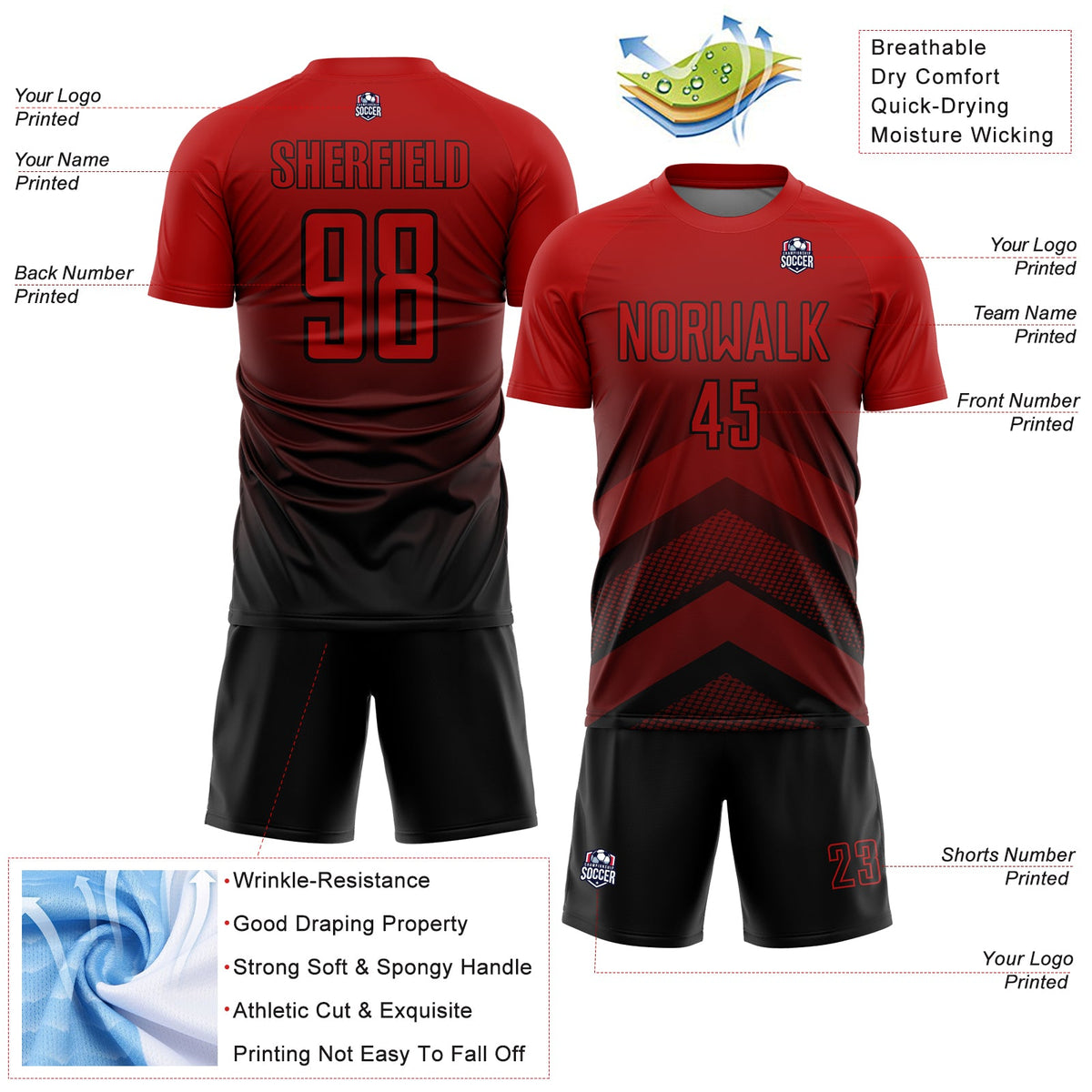 Custom Red Black Gradient Arrow Geometric Shapes Sublimation Soccer Uniform Jersey Limited
