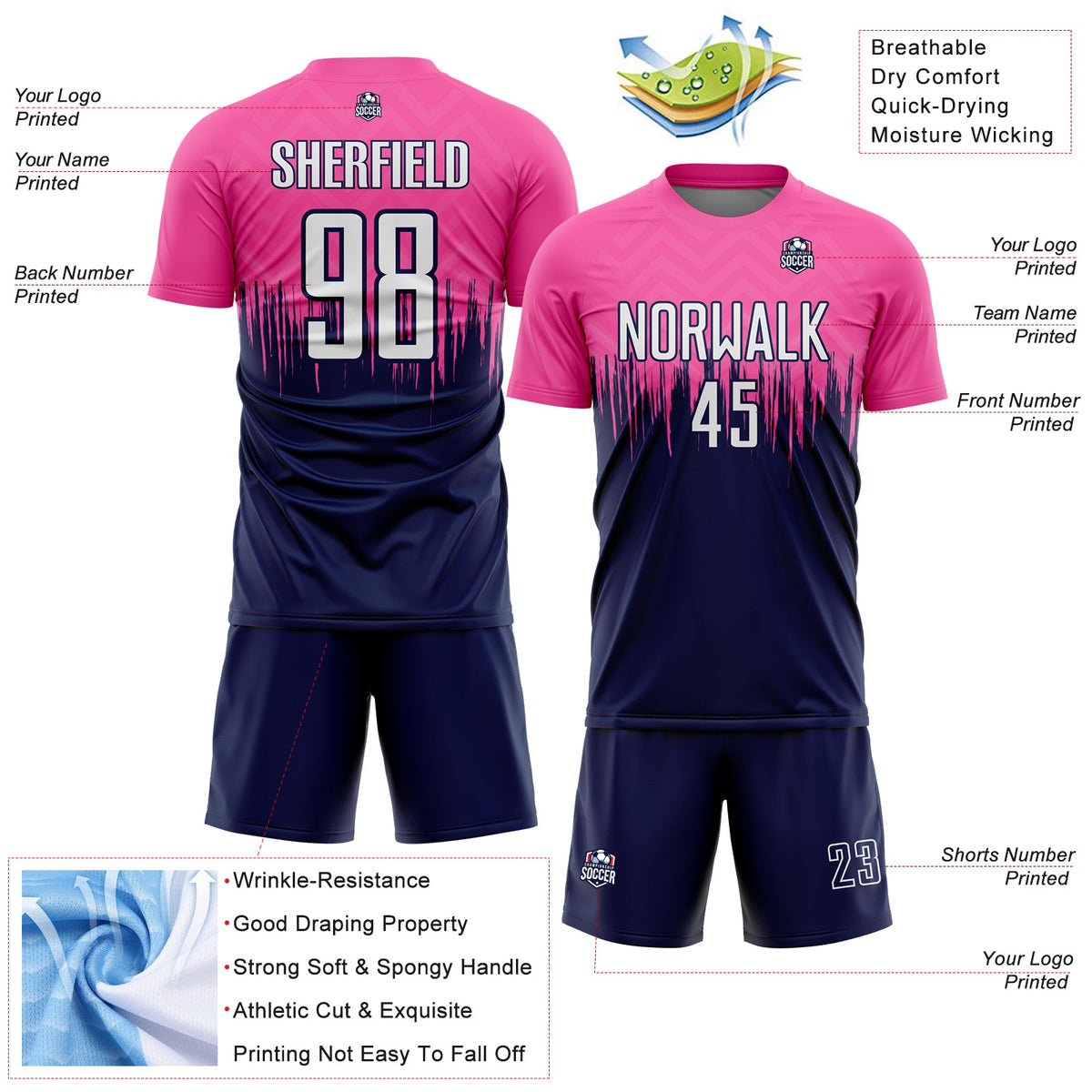 Custom Pink White-Navy Gradient Dripping Splatter Art Sublimation Soccer Uniform Jersey Limited