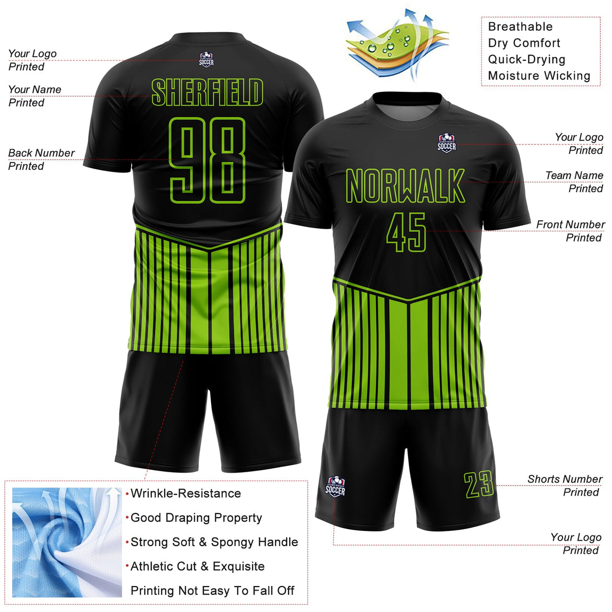 Custom Black Neon Green Stripe Line Sublimation Soccer Uniform Jersey Limited