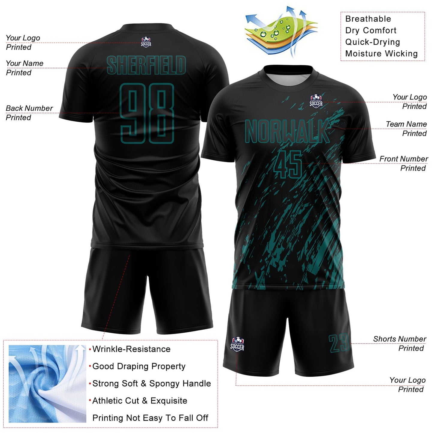 Custom Black Teal Splash Sublimation Soccer Uniform Jersey Limited