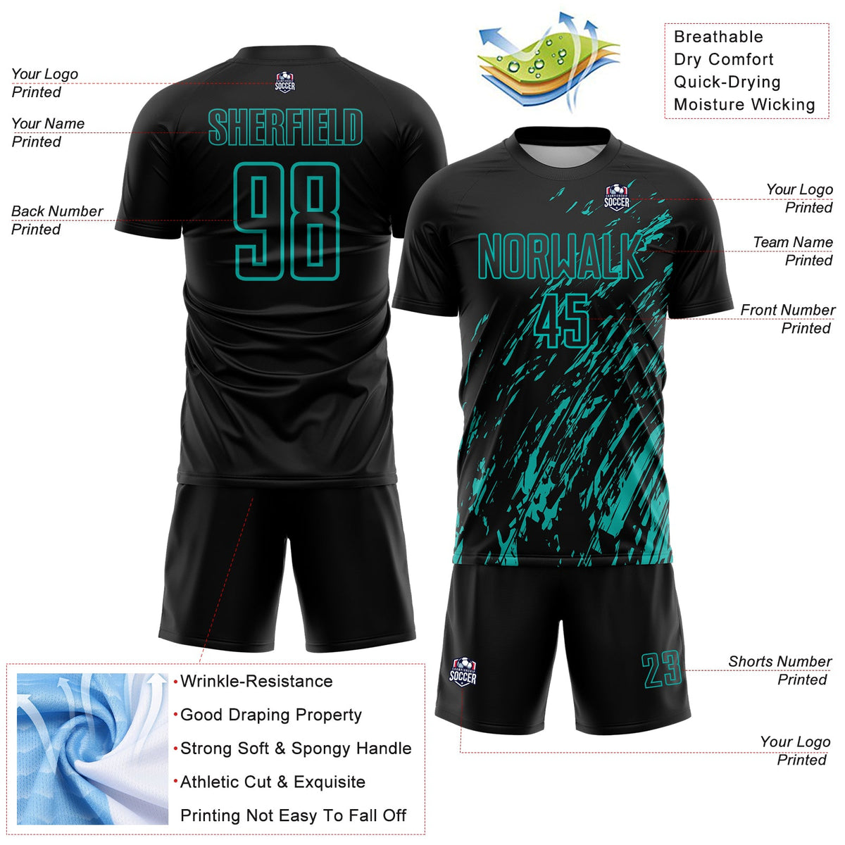Custom Black Aqua Splash Sublimation Soccer Uniform Jersey Limited