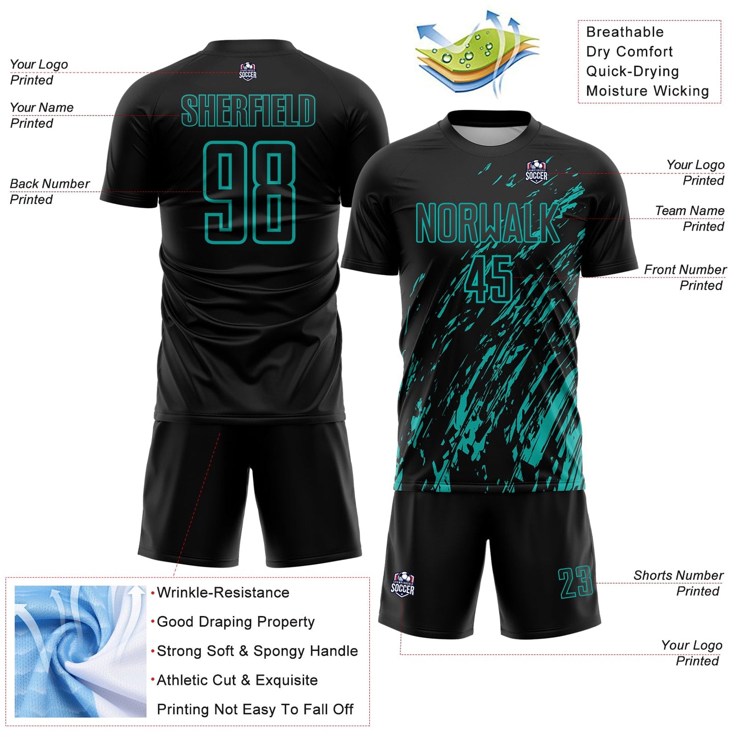 Custom Black Aqua Splash Sublimation Soccer Uniform Jersey Limited