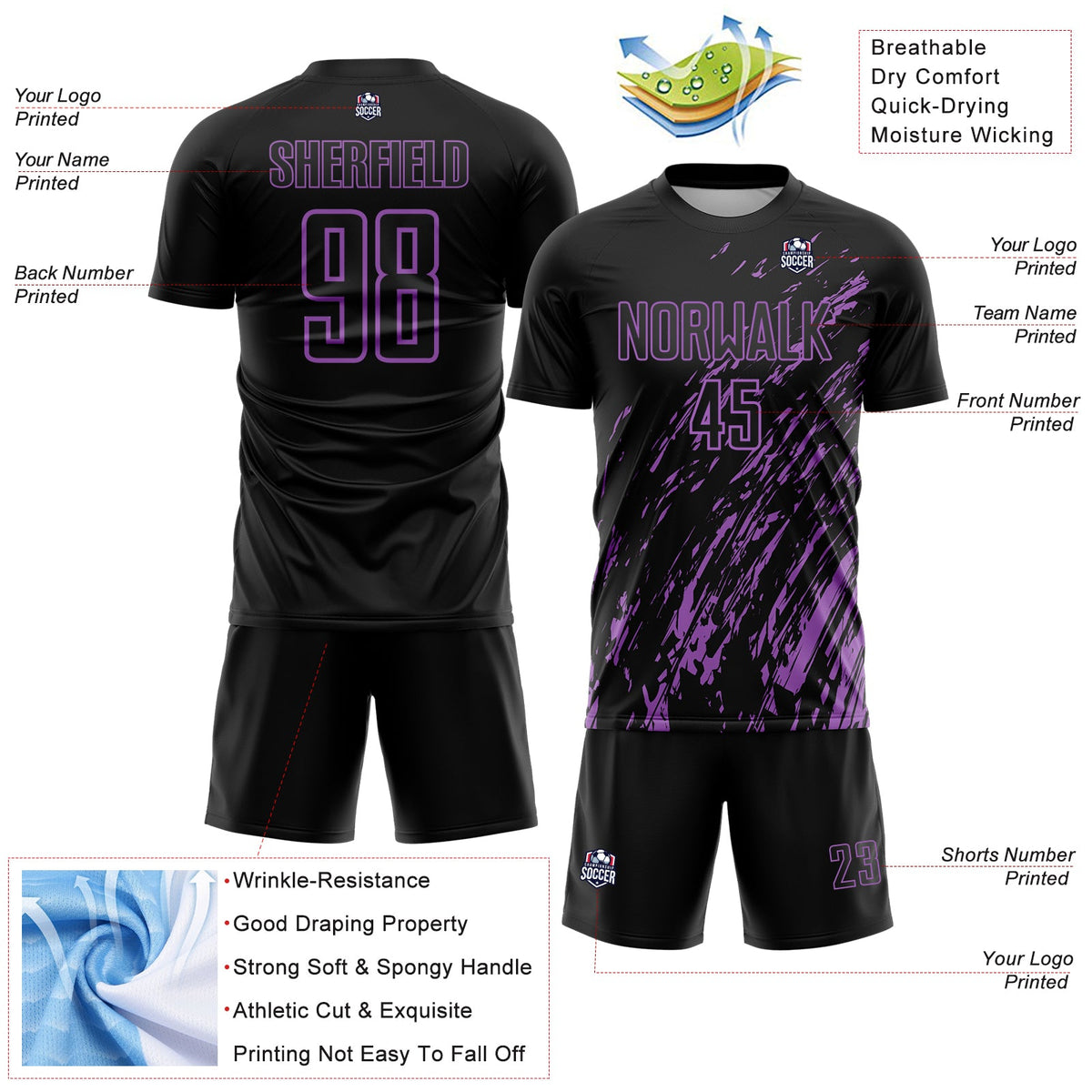 Custom Black Medium Purple Splash Sublimation Soccer Uniform Jersey Limited
