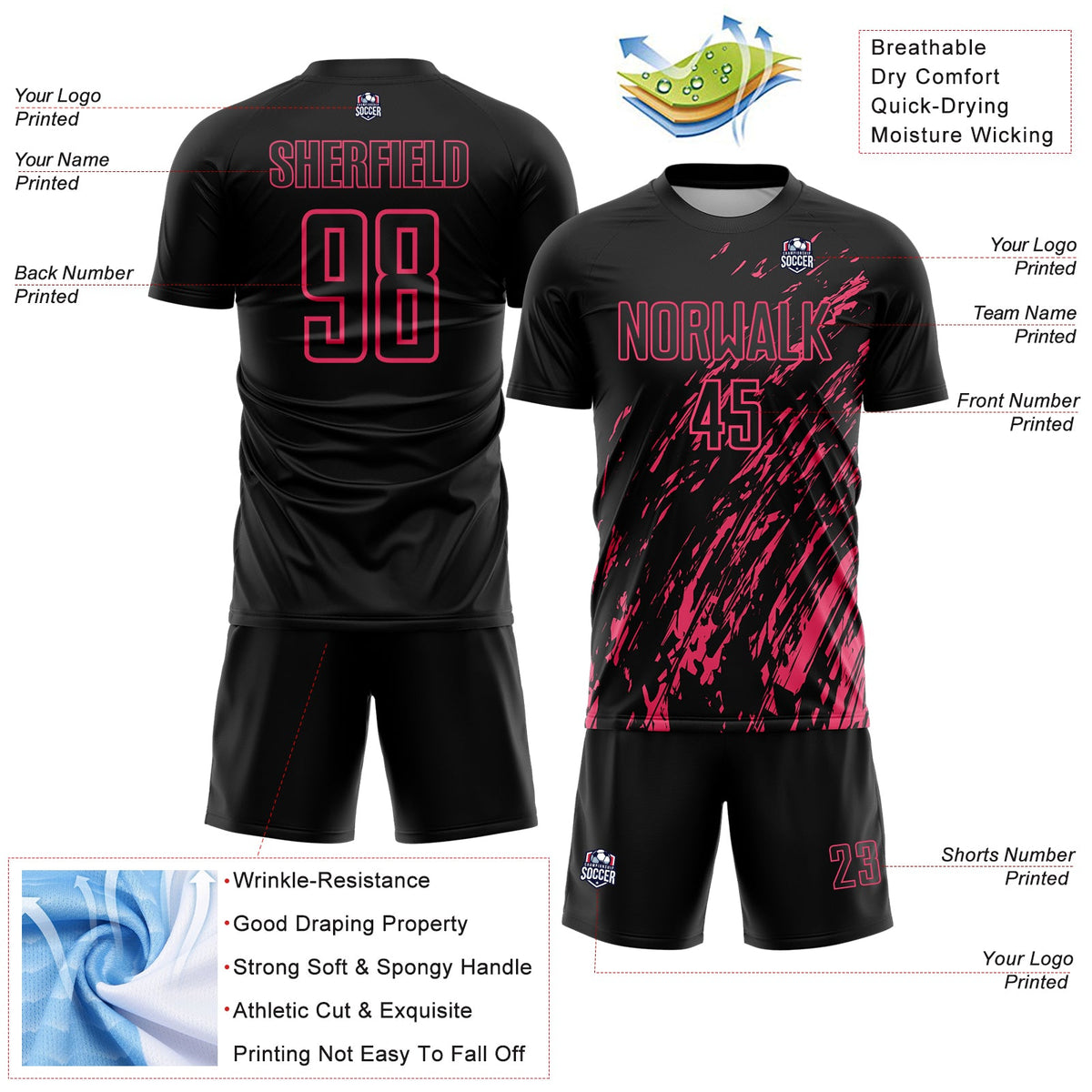 Custom Black Neon Pink Splash Sublimation Soccer Uniform Jersey Limited