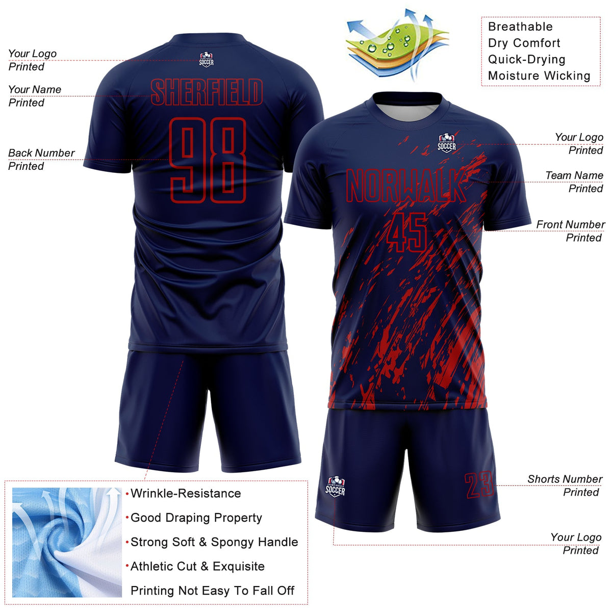 Custom Navy Red Splash Sublimation Soccer Uniform Jersey Limited