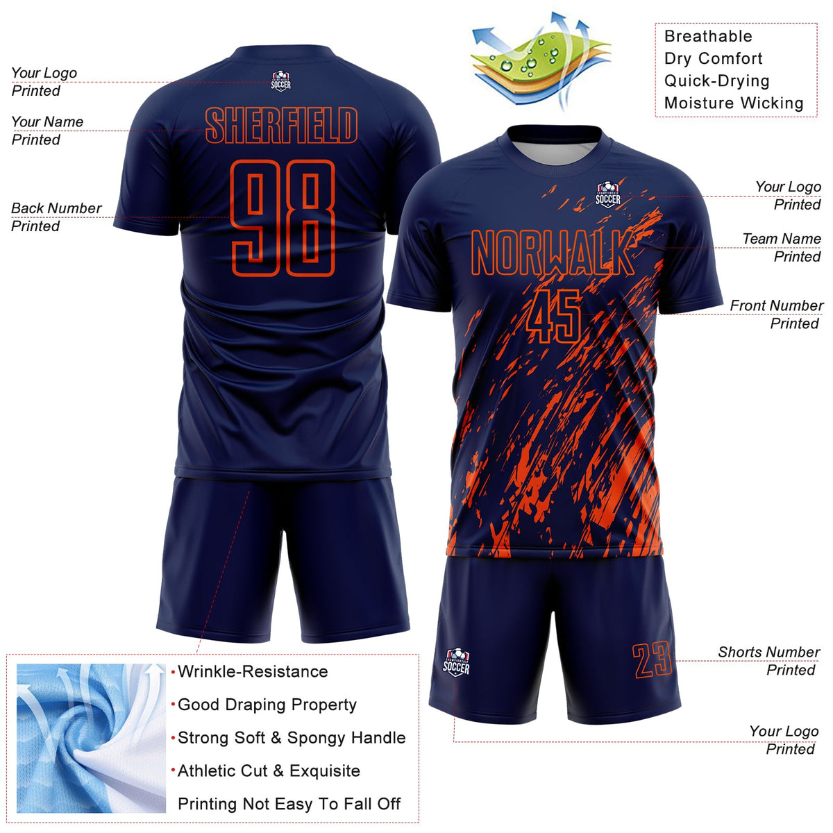 Custom Navy Orange Splash Sublimation Soccer Uniform Jersey Limited