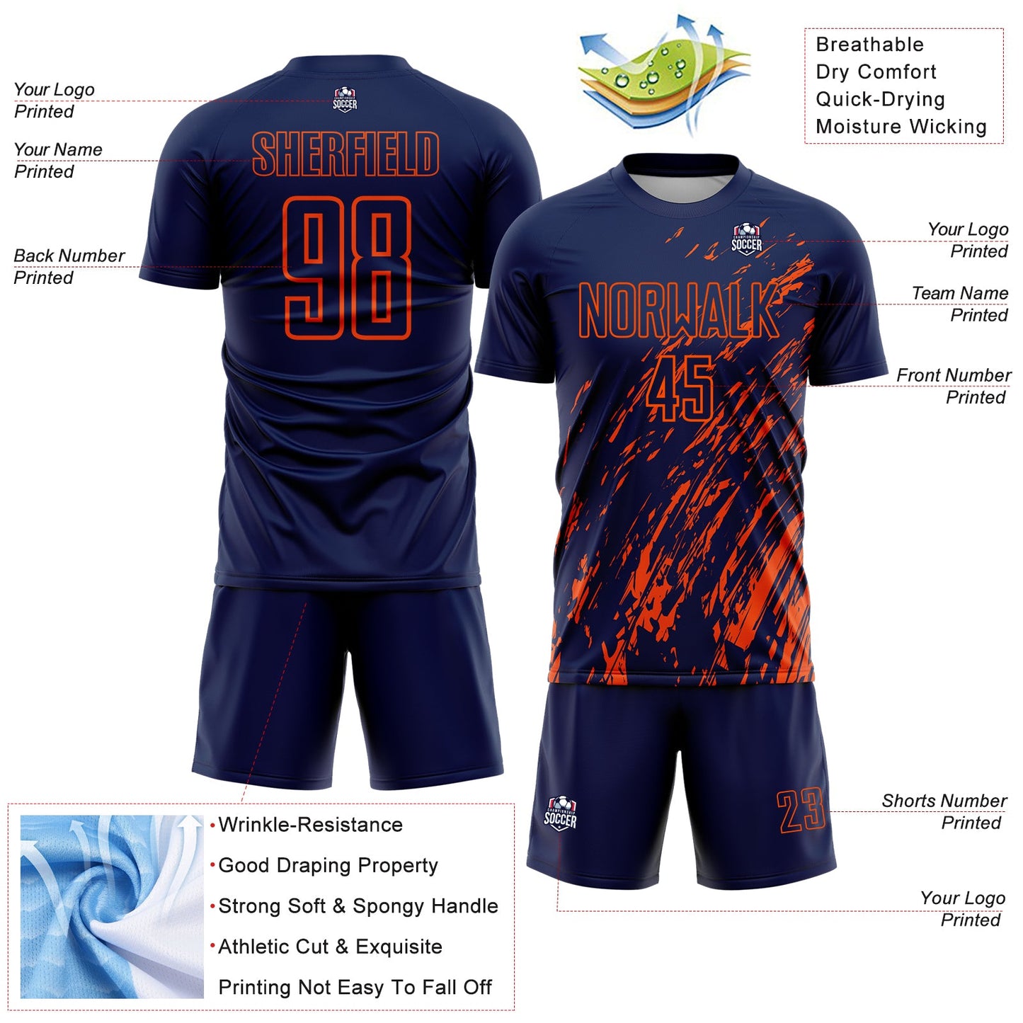 Custom Navy Orange Splash Sublimation Soccer Uniform Jersey Limited