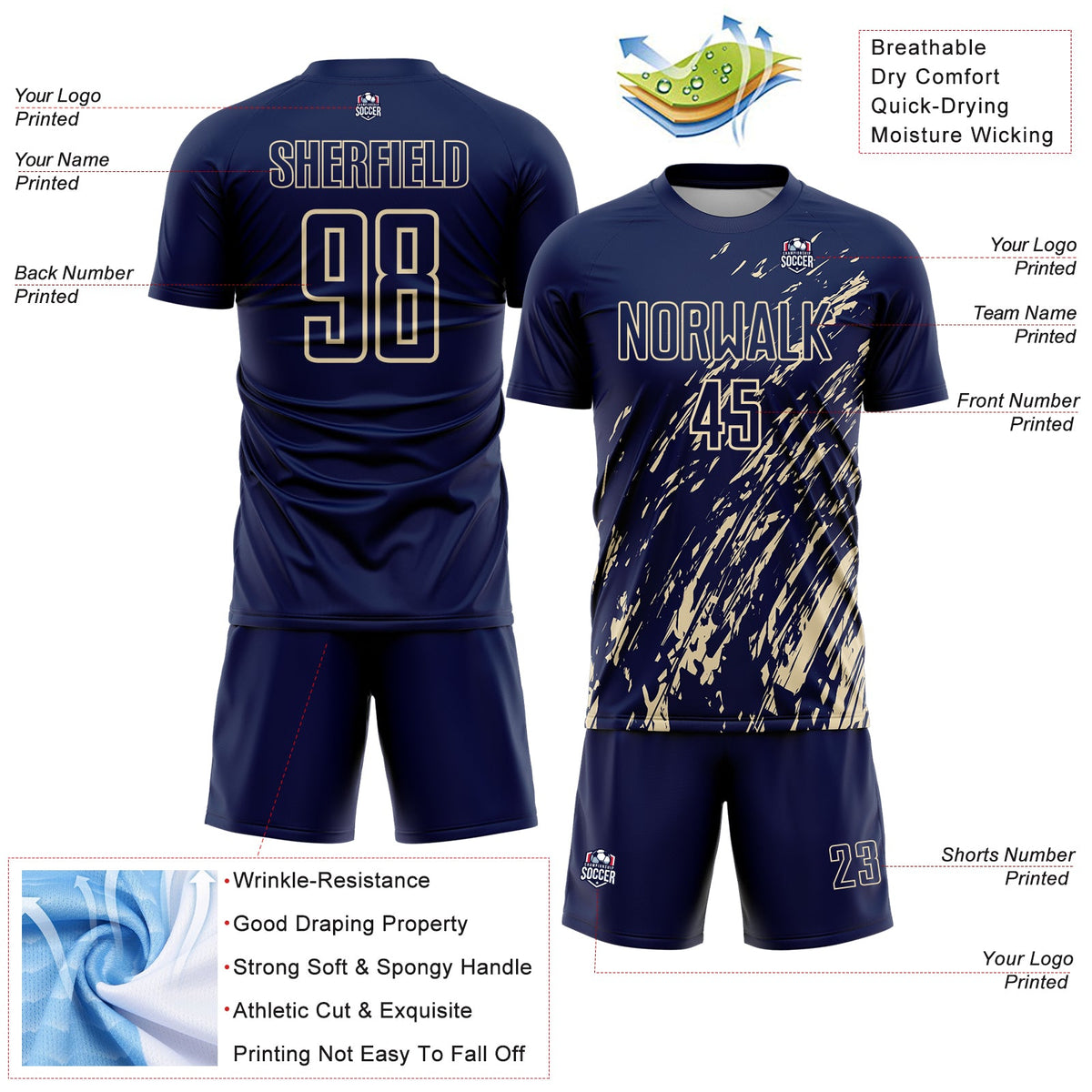 Custom Navy Cream Splash Sublimation Soccer Uniform Jersey Limited