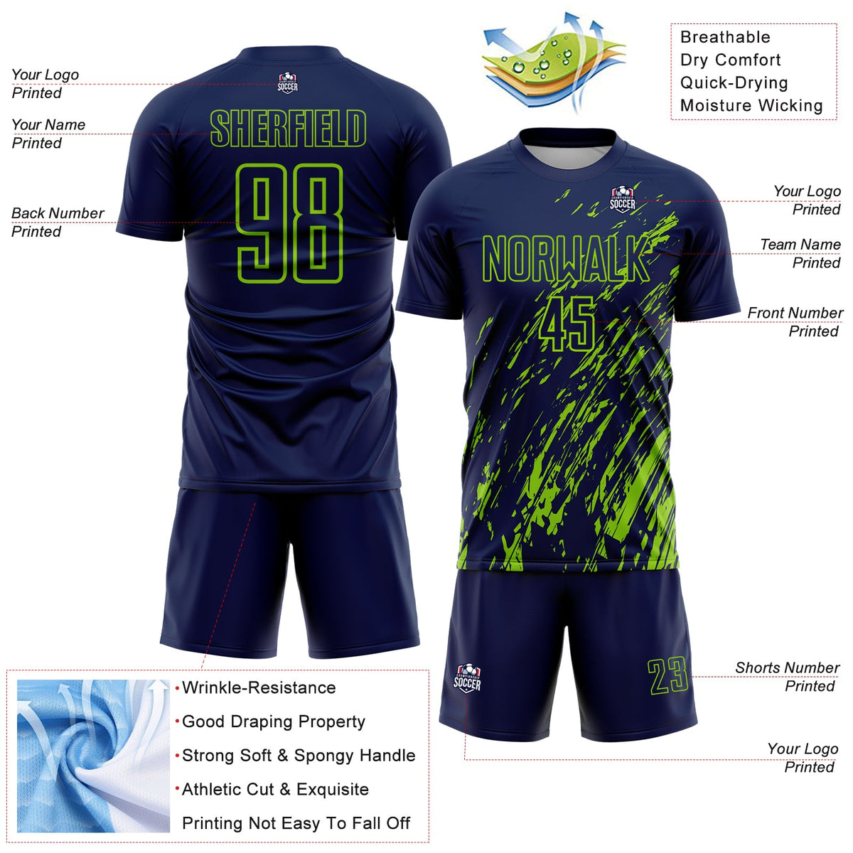 Custom Navy Neon Green Splash Sublimation Soccer Uniform Jersey Limited