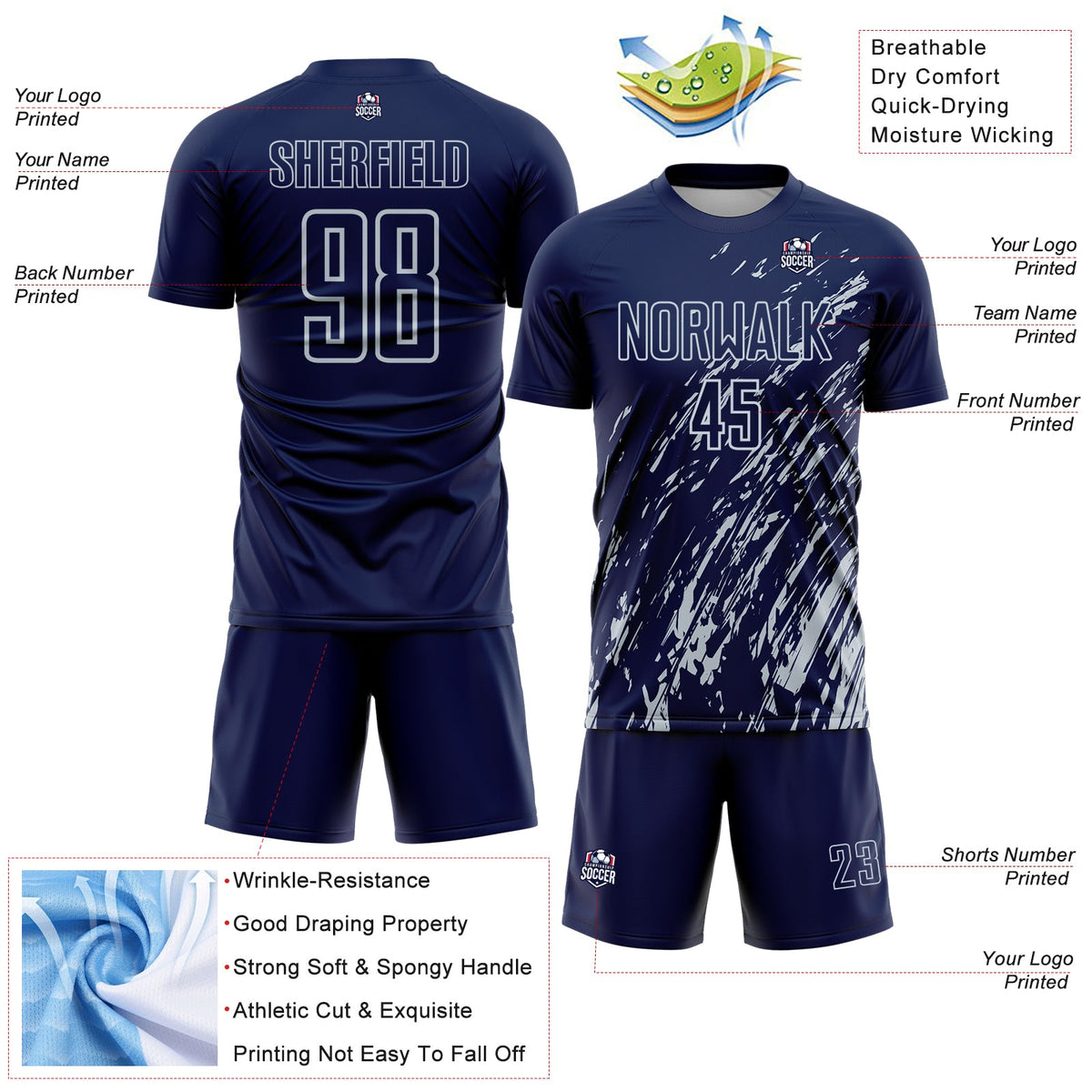 Custom Navy Silver Splash Sublimation Soccer Uniform Jersey Limited