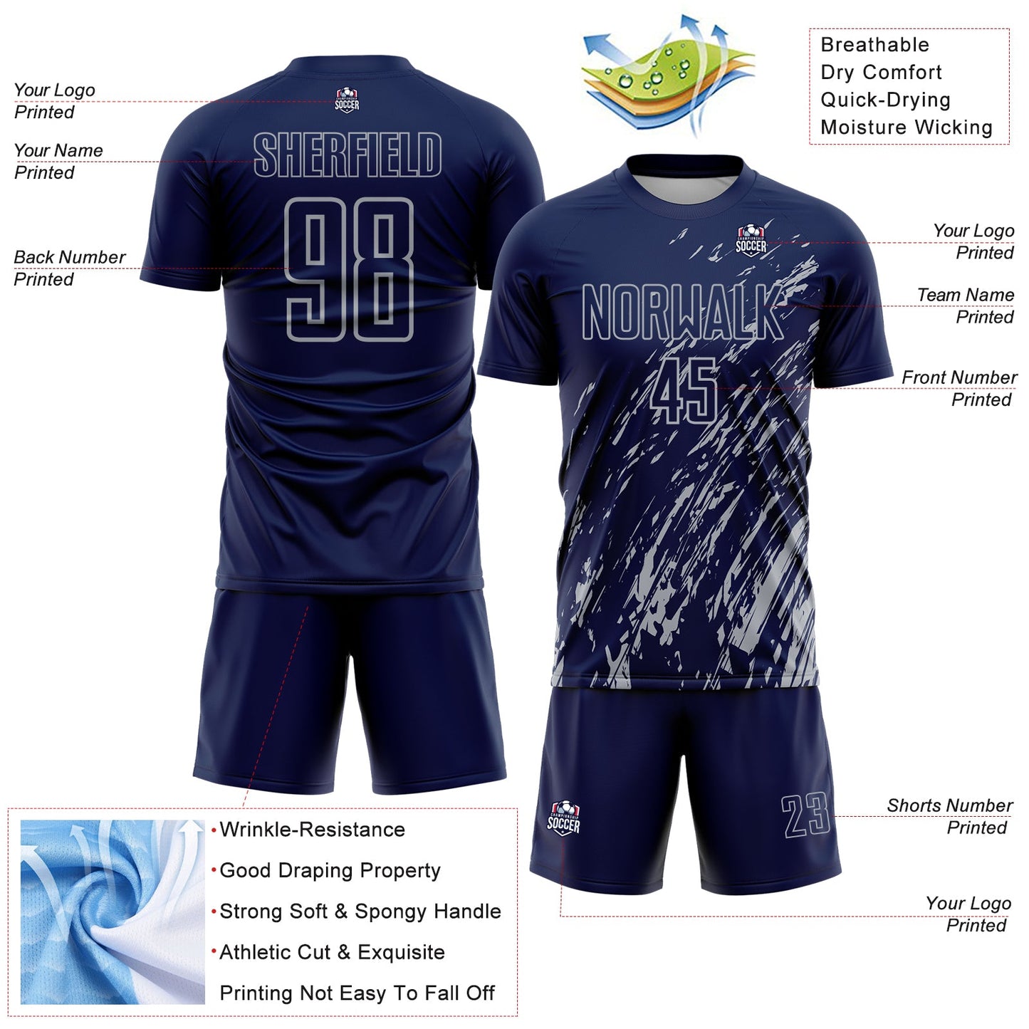 Custom Navy Gray Splash Sublimation Soccer Uniform Jersey Limited