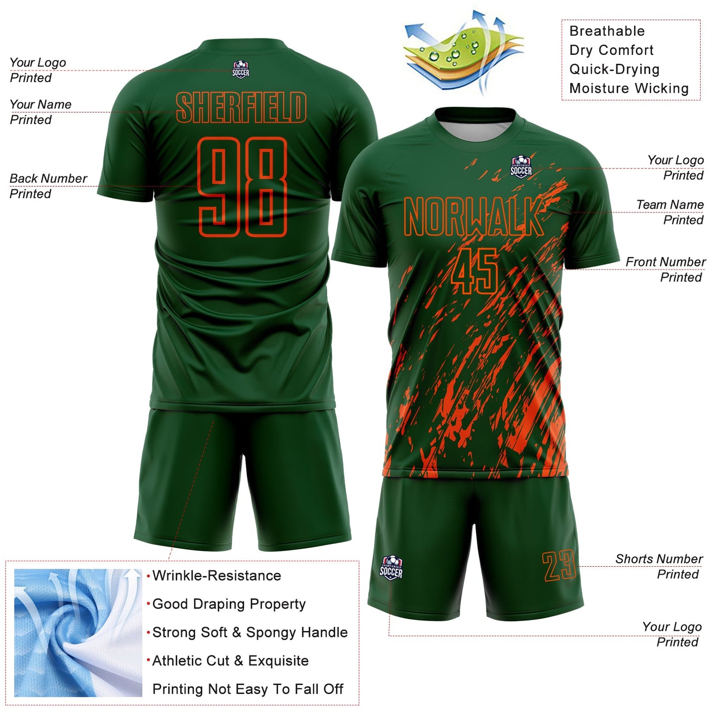 Custom Green Orange Splash Sublimation Soccer Uniform Jersey Limited