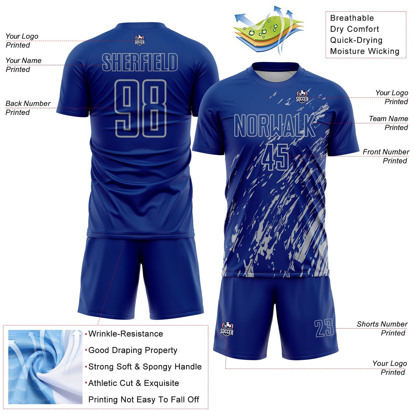 Custom Royal Gray Splash Sublimation Soccer Uniform Jersey Limited