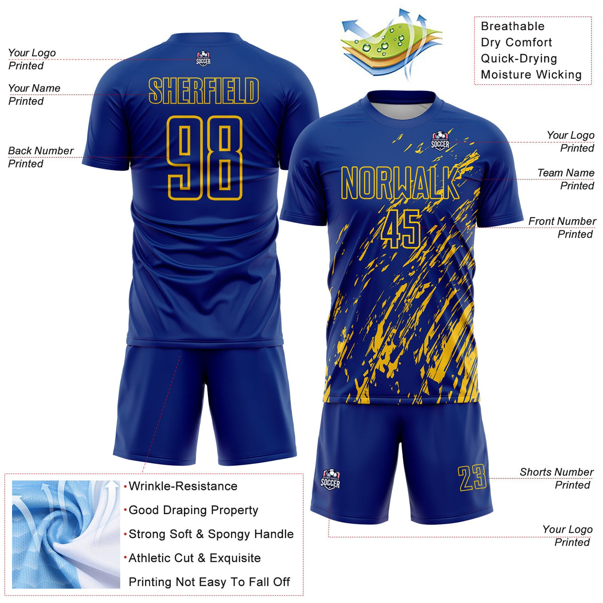 Custom Royal Yellow Splash Sublimation Soccer Uniform Jersey Limited