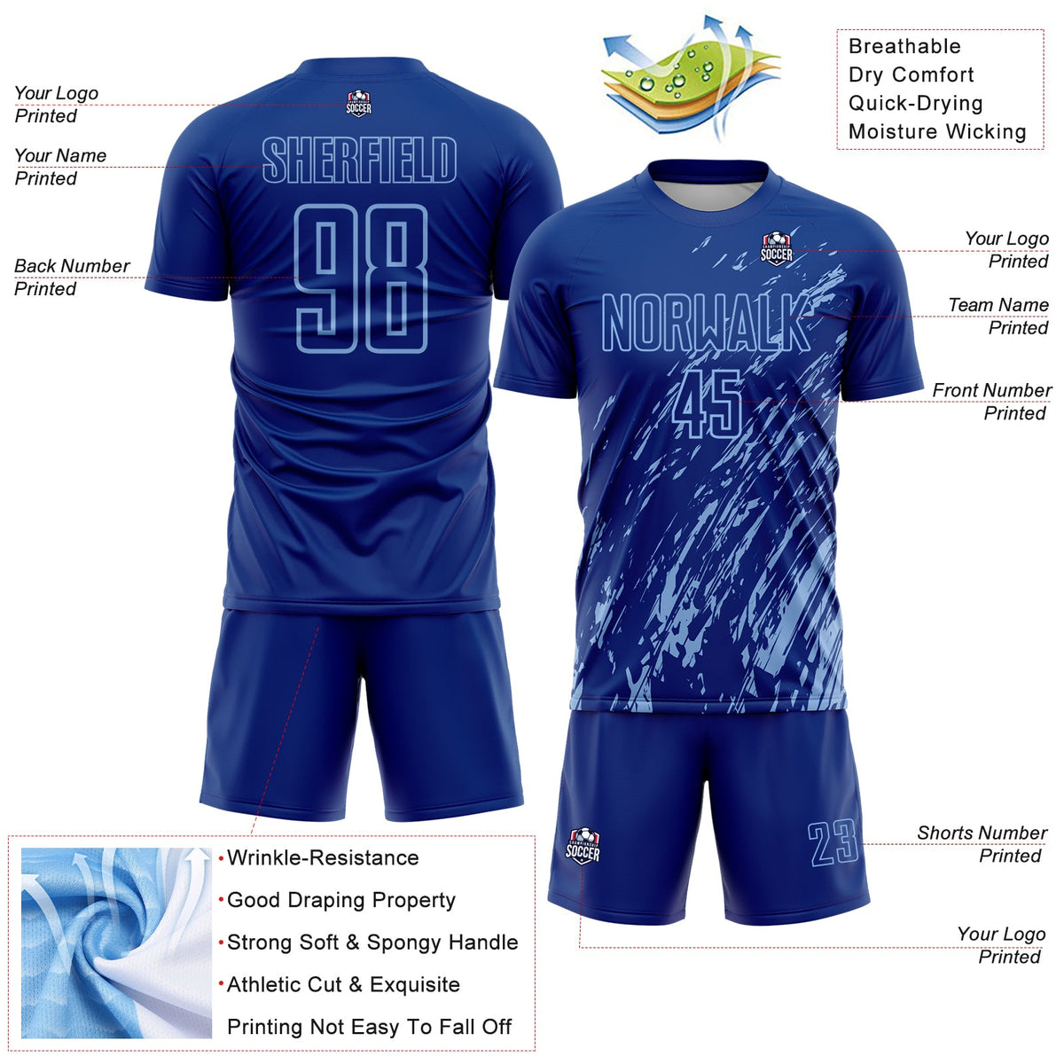 Custom Royal Light Blue Splash Sublimation Soccer Uniform Jersey Limited