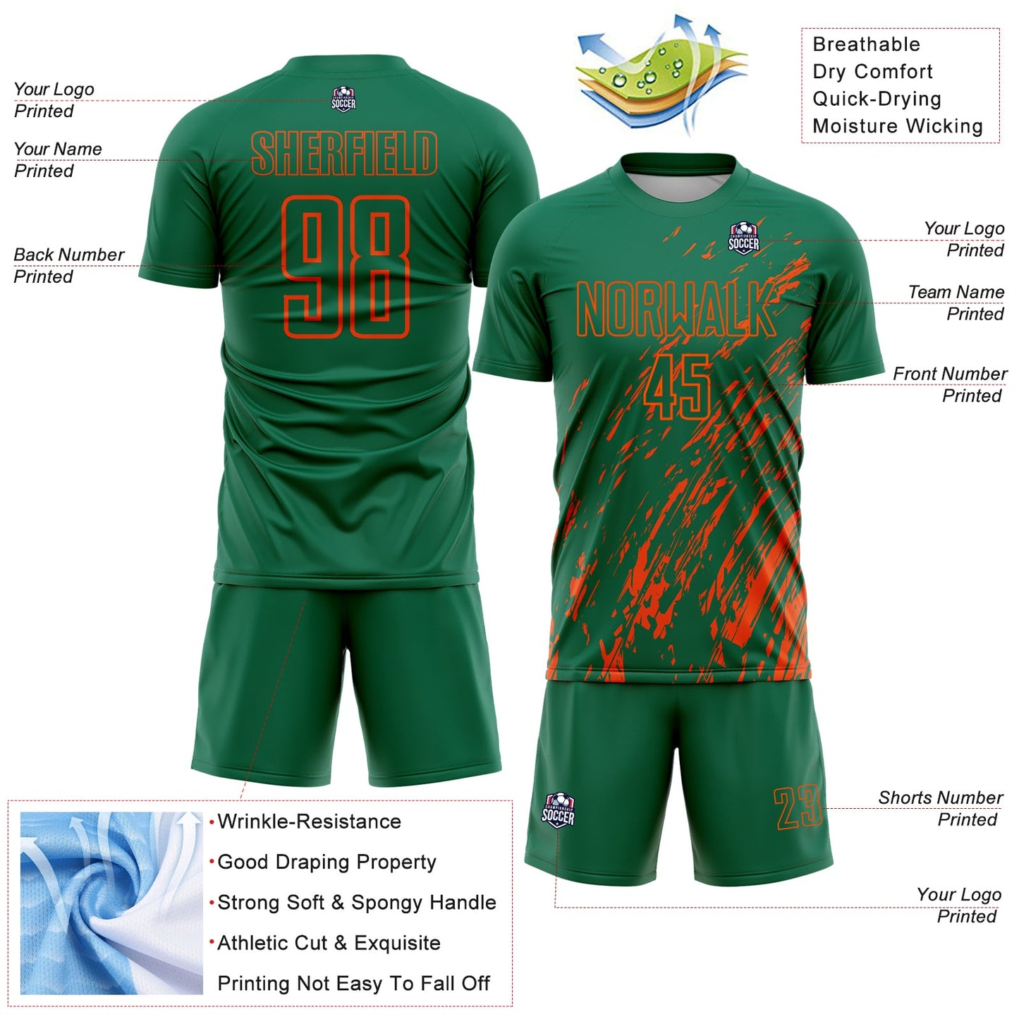 Custom Kelly Green Orange Splash Sublimation Soccer Uniform Jersey Limited