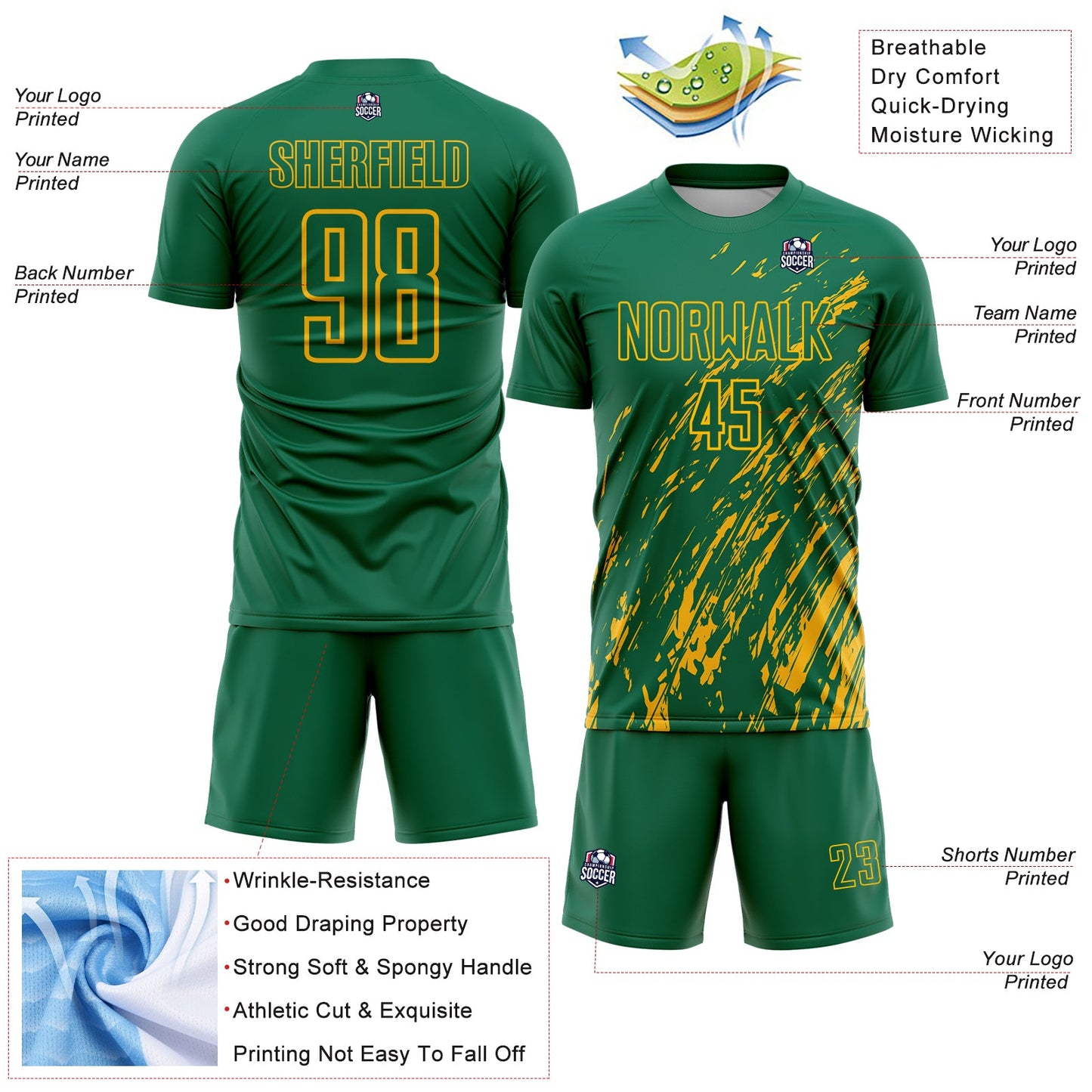 Custom Kelly Green Gold Splash Sublimation Soccer Uniform Jersey Limited